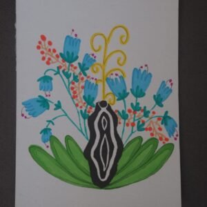 Illustration originale d’une vulve entourée de fleurs, mélange de linogravure et feutres à alcool Promarker