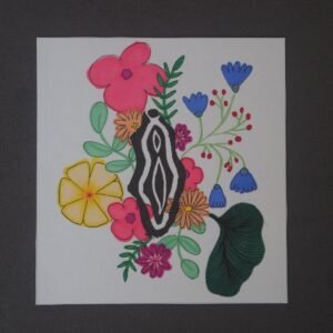 Illustration originale d’une vulve entourée de fleurs, mélange de linogravure et feutres à alcool Promarker